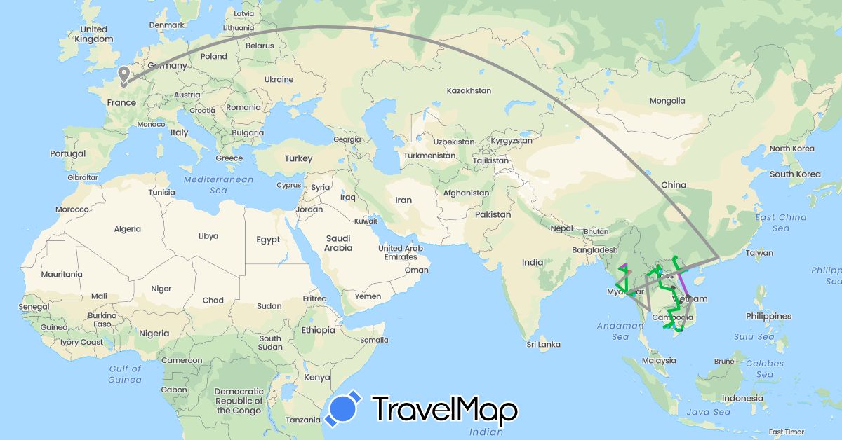 TravelMap itinerary: driving, bus, plane, train, hiking, boat, motorbike in China, France, Cambodia, Laos, Myanmar (Burma), Thailand, Vietnam (Asia, Europe)